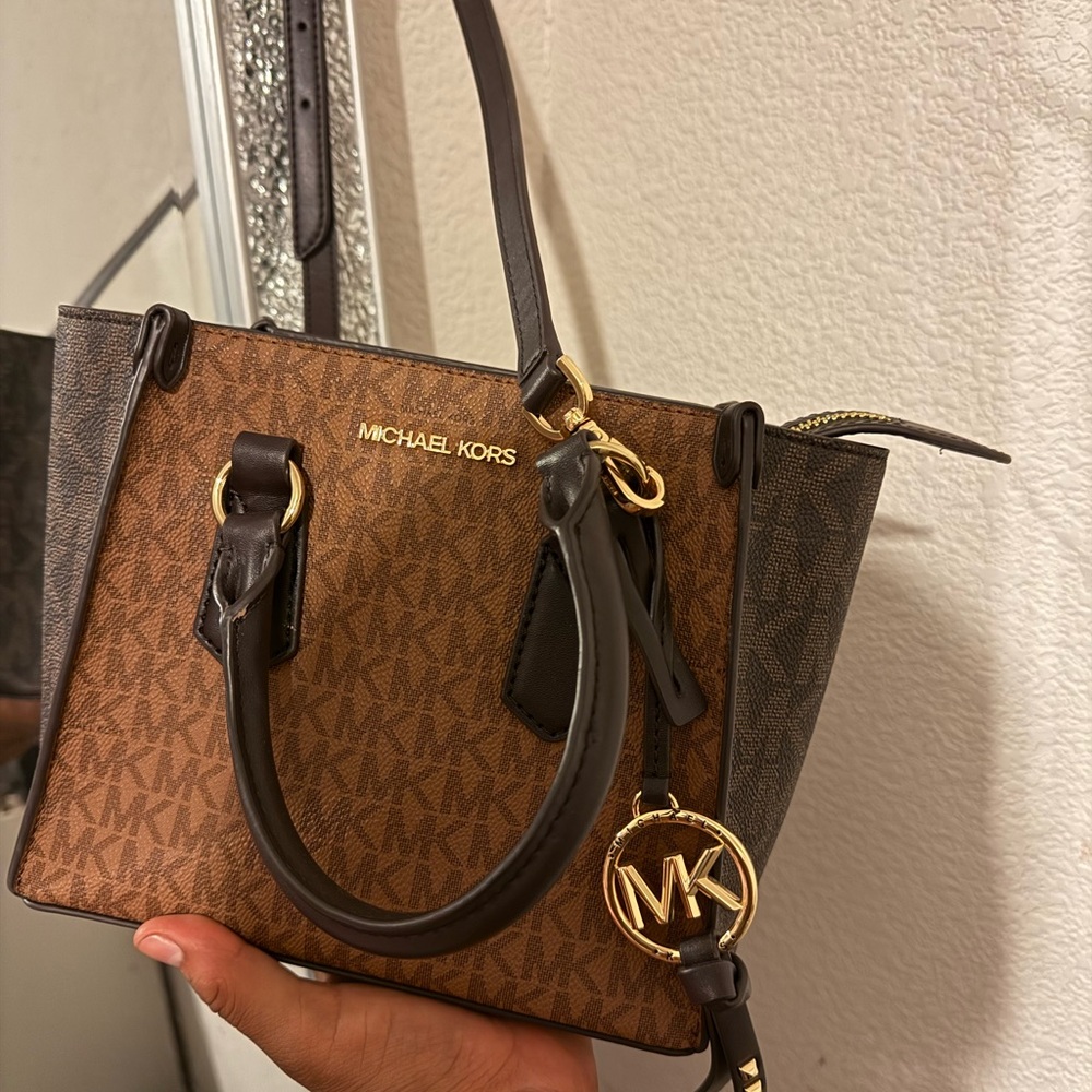 Michael Kors Brown and Black Satchel with Signature Monogram